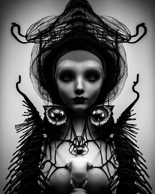 Image similar to surreal mythical dreamy dark artistic black and white fine art 3 / 4 fashion portrait photo of a young beautiful delicate female robot - witch - owl with orchid - doll face, rim light, cinematic, studio dramatic light, poetic, masterpiece, octane render, 8 k, photo - realistic by gustave dore hg giger