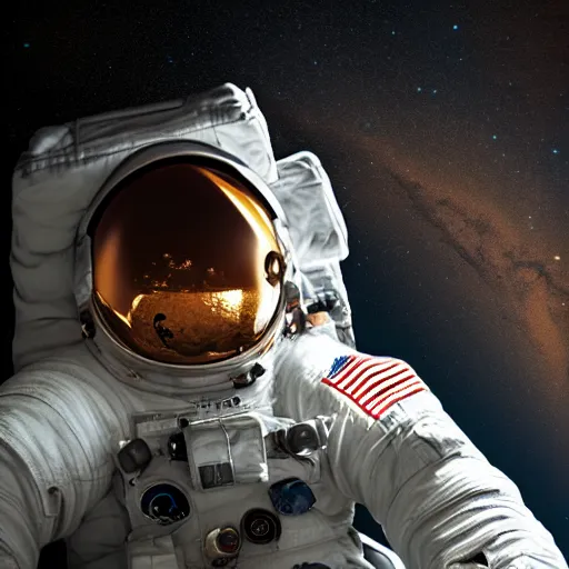 Prompt: photograph of an astronaut against the absolute darkness of space, full body photo,, 8 k