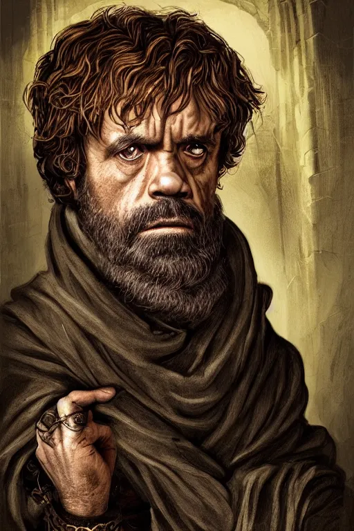 Image similar to portrait, headshot, digital painting, of a 15th century, Tyrion Lannister, old aged, middle eastern, wrinkles, wicked, desert merchant man, dark hair, amber jewels, baroque, ornate dark green clothing, scifi, futuristic, realistic, hyperdetailed, concept art, chiaroscuro, side lighting, art by waterhouse