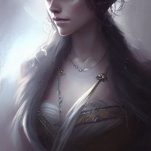 Image similar to beautiful extremely detailed intricate concept art depicting an archer by charlie bowater. shining jewelry. grey atmosphere. particles in the background. bcy. net