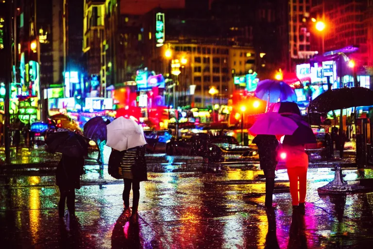 Image similar to canon, 30mm, bokeh, city at night, raining, reflections, people with umbrellas, neon lights