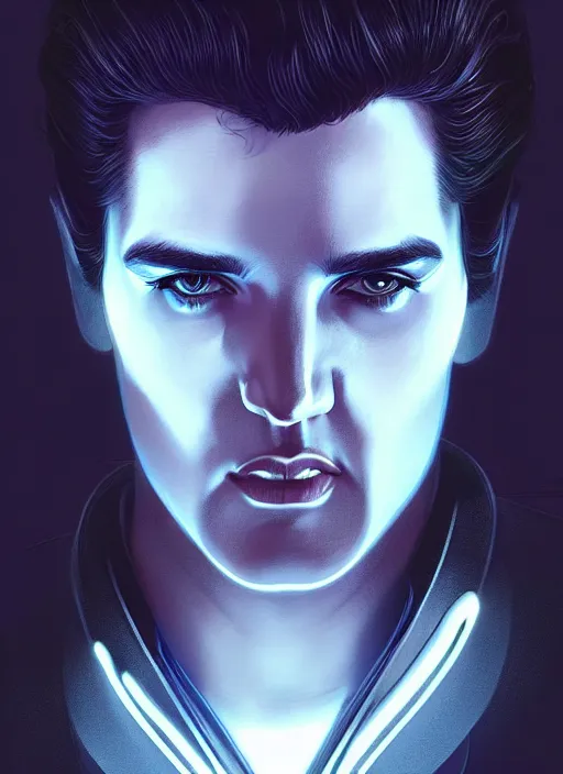 Image similar to symmetry!! portrait of elvis presley, sci - fi, tech wear, glowing lights!! intricate, elegant, highly detailed, digital painting, artstation, concept art, smooth, sharp focus, illustration, art by artgerm and greg rutkowski and alphonse mucha