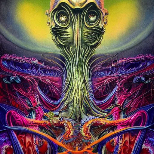 Image similar to lurid eldritch radiating town fractal shimmering phantasm, by h. r. giger and esao andrews and maria sibylla merian, pop art, synthwave, cubist