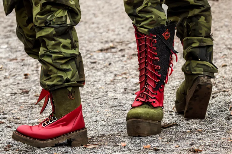 Prompt: an anthropomorphic red male dragon wearing military boots, photo, 4k