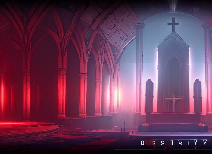 Prompt: symmetry!! centered!! ancient church of worship with red shafts of light in destiny 2, foggy, liminal, dark, dystopian, beautiful architecture, abandoned, highly detailed 4 k 6 0 fps destiny 2 promotional poster image wallpaper expansion