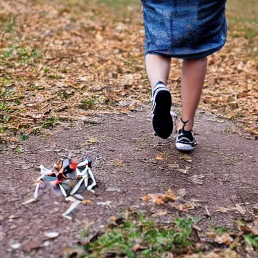 Prompt: a woman going for walk, holding hands with a spider.