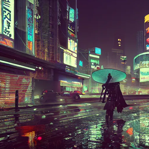 Image similar to ultra realistic studio shot of a cyberpunk samurai with straw hat on a dusk city, cinematic, wet reflections, liflike, unreal engine 5, octane, smooth, rtx, ray tracing, hyper detailed, hyper realism, fantasy, trending on artstation, behance, deviantart