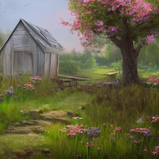 Prompt: a matte painting of a midwestern countryside, shack close up, river, overgrown, patchy flowers, oil painting, pale colors, high detail, 8 k, wide angle, trending on artstation,