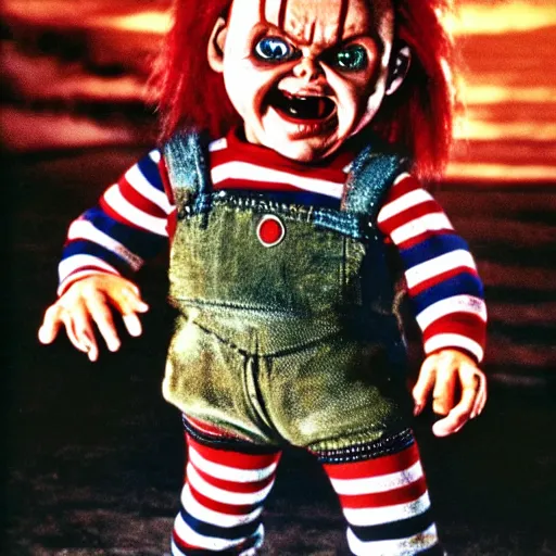 Prompt: Chucky the killer doll from the movie Child's Play leading an army of scary looking evil killer dolls