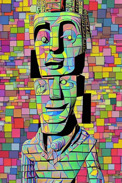 Image similar to cubist moai statue cutout digital illustration cartoon colorful beeple