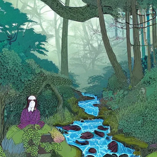 Prompt: A beautiful experimental art of a serene and picturesque forest scene. The leaves are all different shades of green, and the sunlight is shining through the trees. There is a small stream running through the forest, and the whole scene is surrounded by mountains. amaranth, Carboniferous by Rumiko Takahashi, by Jamie McKelvie offhand