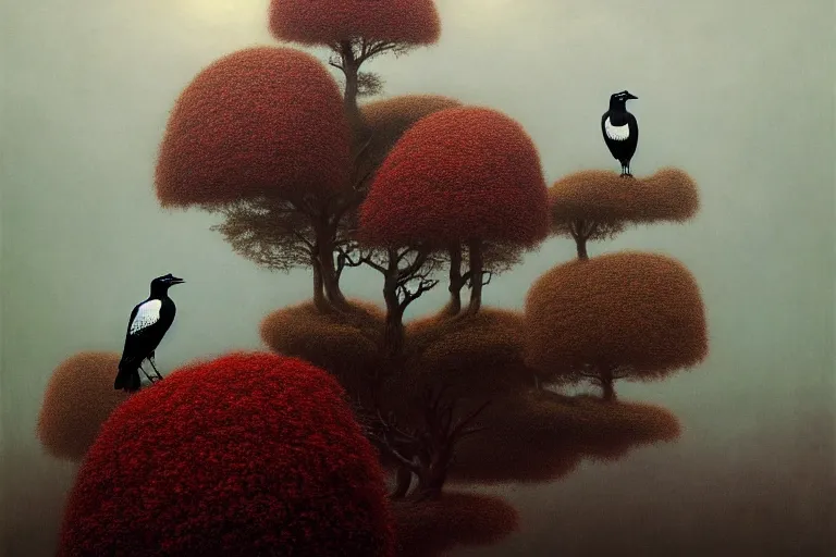 Image similar to a magpie family hosting their magpie relatives on top of a pine tree, in the style of rafał olbinski, in the style of beksinski, intricate and epic composition, red by caravaggio, insanely quality, highly detailed, masterpiece, purple light, artstation, 4 k