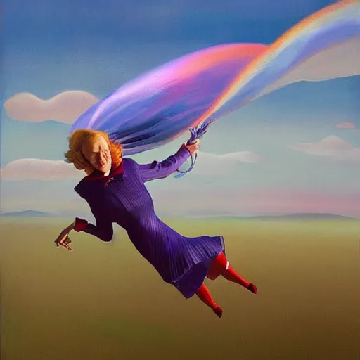 Image similar to Giant iridescent Grandma flying through the air, as a tornado approaches, by Takashi Murakami, Edward Hopper, Bo Bartlett, and Cynthia Sheppard, Artstation