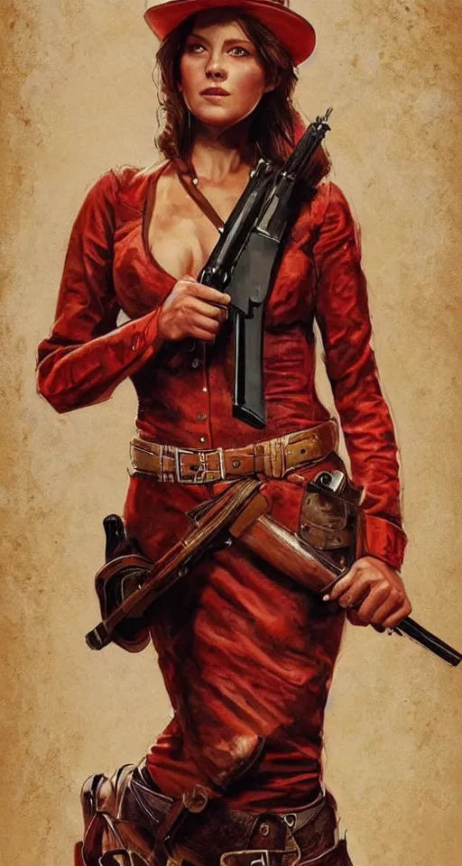 Image similar to a woman in a red wild west dress holding a shotgun, realistic painting by drew struzan, anatomically correct, beautiful, soft lighting, artstation