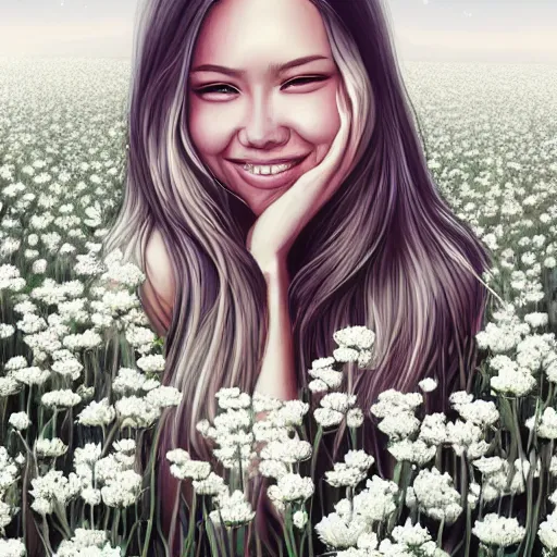 Prompt: portrait of a happy person in a field of white flowers, gentle lighting, shading, digital illustration, by Artgerm