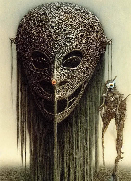 Image similar to full body girl in detailed ornamental mask of crow by Beksinski and Luis Royo