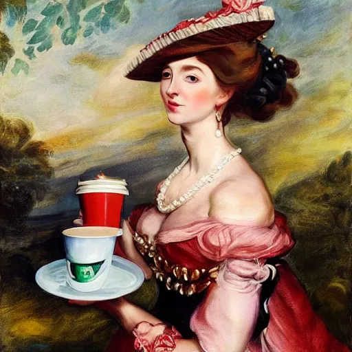 Prompt: eavenly summer sharp land sphere scallop well dressed lady holding a starbucks coffee, auslese, by peter paul rubens and eugene delacroix and karol bak, hyperrealism, digital illustration, fauvist, starbucks coffee, green coffee logo