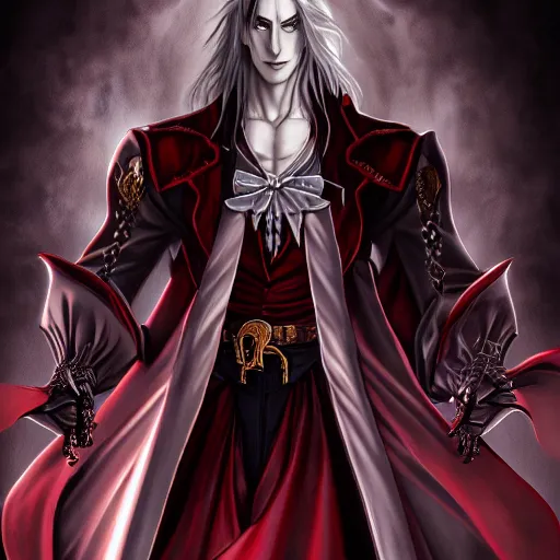 Image similar to a portrait of a alucard castlevania ,Grim fantasy, vampire, D&D, HDR, natural light, shoulder level shot, dynamic pose, award winning photograph, Mucha style 4k,