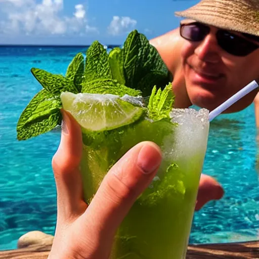 Image similar to a vortigaunt hanging out on a beach in the caribbean, drinking a mojito