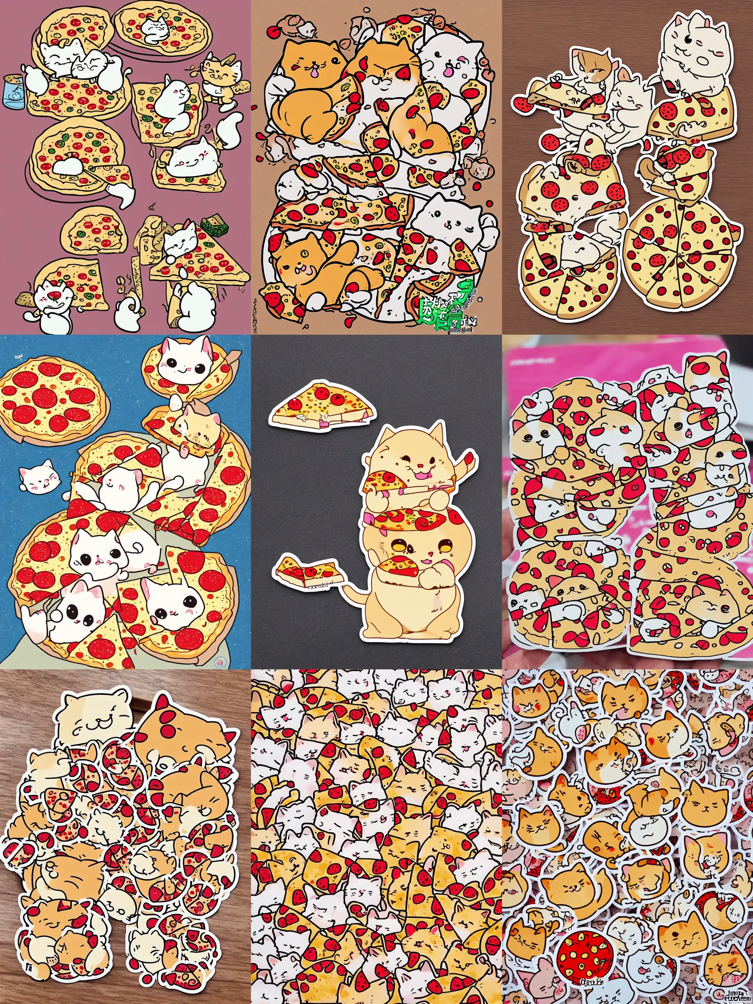 Prompt: sticker of chibi cute fat cats sharing pizza, Japanese kawaii style