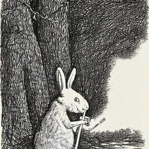 Image similar to drawing of a white bunny smoking a big cigarette in the deep tangled forest, by edward gorey, by gustav dore, black ink on white paper