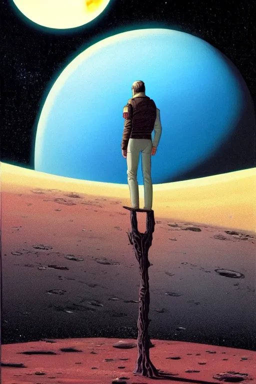 Prompt: A man standing on the surface of a barren moon in front of a ringed planet. Science fiction. High quality. Michael Whelan, Dean Ellis, Michael Herring.