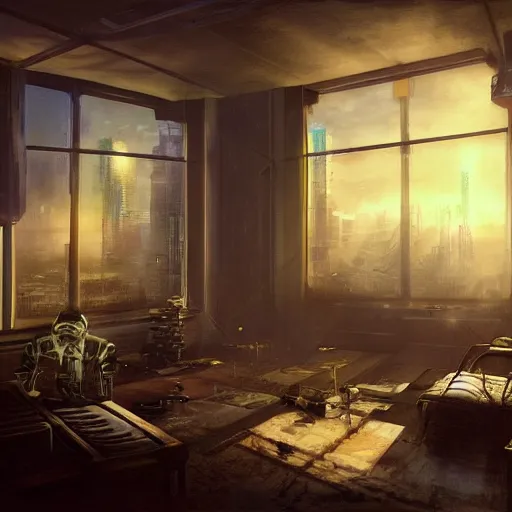 Image similar to cyberpunk living room interior, windows, light rays, buildings, dystoptian, gorgeous view, no person, depth, painted by Seb McKinnon, clouds, tending on artstation