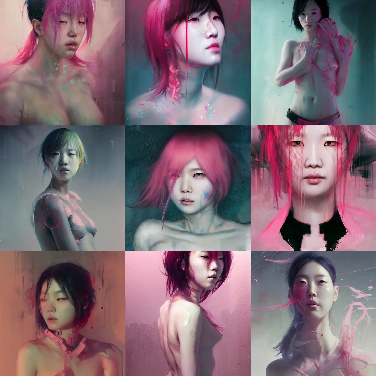 Prompt: lee jin - eun emerging from pink water in cyberpunk theme, by ruan jia, adim kashin, martine johanna, yoann lossel, rule of thirds, seductive look, beautiful