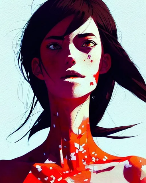 Image similar to close up, captivating, memorable, a ultradetailed beautiful photo of a unique woman wearing a cotton dress standing too too too close, staring at you by conrad roset, greg rutkowski and makoto shinkai trending on artstation