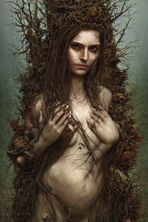 Prompt: wide perspective, very complex hyper-maximalist overdetailed cinematic darkfantasy portrait of a beautiful woman bound by thorns in a rotting bog by andrei riabovitchev, tomasz alen kopera, oleksandra shchaslyva. Omnious intricate, octane, Deviantart, hyper detailed illustration, 8k