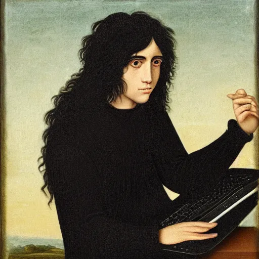 Image similar to portrait of a long shaggy black haired teenager with a black colored sweater with a laptop, full body, renaissance painting, ultra detailed, high resolution, masterpiece
