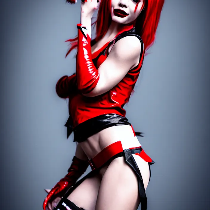 Image similar to fully body pose, photo of a very beautiful!! victoria secret model harley quinn, raining, 8 k, hdr, smooth, sharp focus, high resolution, award - winning photo, trending on artstation, dslr, 5 0 mm