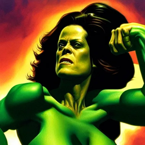 Image similar to full figure, Sigourney weaver as She-Hulk, atmospheric lighting, painted, intricate, golden hour, ultra detailed by Alex Ross