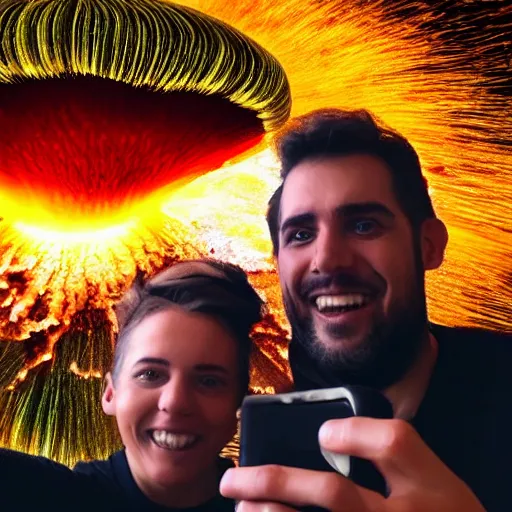 Prompt: 2 influencers taking a selfie while an atomic mushroom explodes in the background, 4 k, detailed, realistic, iphone