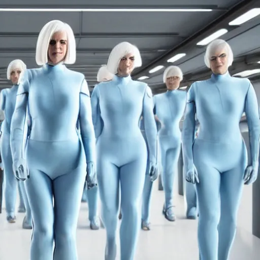 Image similar to troop of cloned older women with white bob hairdos, tight light blue neopren suits, futuristic cloning facility, sci - fi, highly detailed, cinematic