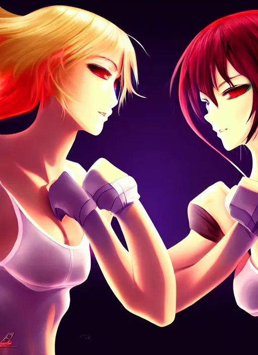 Image similar to two beautiful identical female fighters facing each other, dim lighting, gorgeous features, high resolution, detailed digital anime art