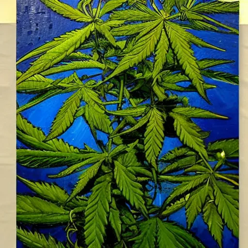 Image similar to jimm kerry spreads his hands against the background of growing cannabis. an oil painting in the style of van gogh