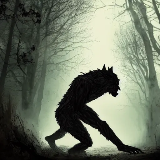 Image similar to a chained man slowly turning into a werewolf at a dusky forest, in the elden ring style