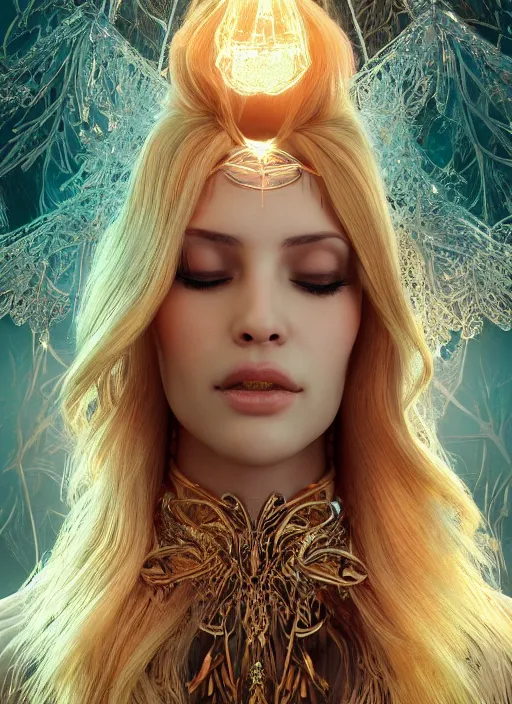 Image similar to beauteous practical sumptuous tattood beautiful face, crystal, gold, copper, bronze biomechanical with incredible iridescent pearlescent voluminous neon hair, crystalline masterpiece incrustations, hyperdetailed face, elegant pose, movie still, intricate, octane render, cinematic forest lighting, unreal engine, crepuscular rays, god rays