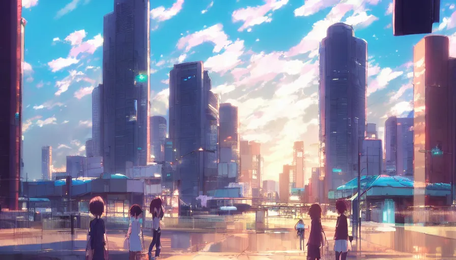 Image similar to cityscape, makoto shinkai style, anime, pixiv fanbox, sunny, blue skies