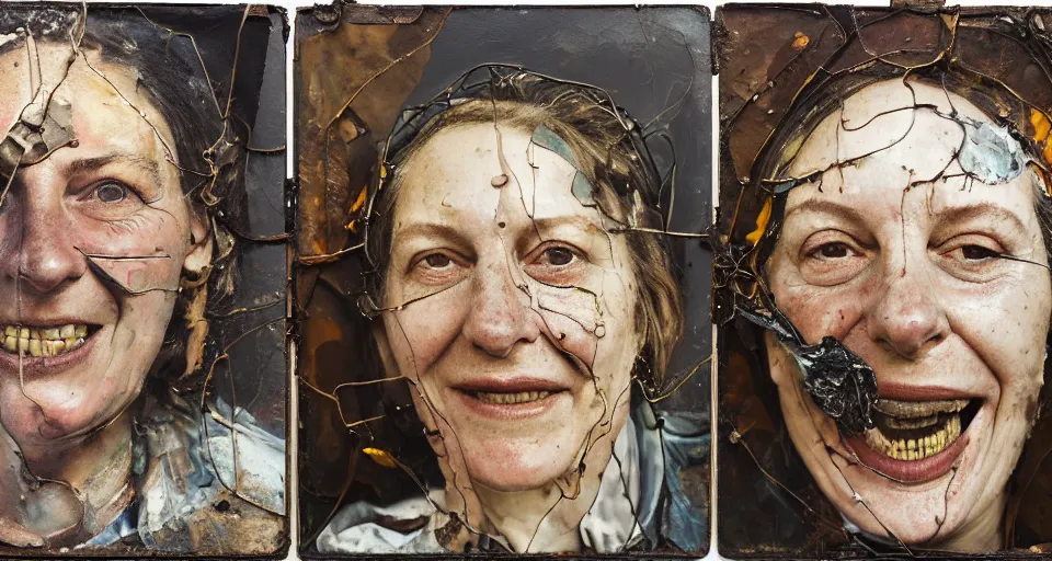 Image similar to a triptych of close up portraits of a very ordinary middle-aged woman with a smiling expression, Anselm Kiefer and Lucian Freud and Jenny Saville, tintype, oil painting, rust, Scaffolding, rusted metal and sunflowers, iron cladding, decay, mixed media, textured, anatomically correct, beautiful perfect face, visible brushstrokes, sharp focus, twisted electrical wire, Highly Detailed, nails, photographic emulsion cracked and peeling, Cinematic Lighting, 8k, HD