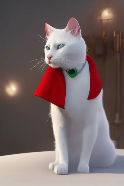 Image similar to a white cat with blue eyes wearing a red and green formal overcoat, hyperrealistic, concept art, octane render, unreal engine 5, realistic and defined face, profile picture, digital art, pixar and disney style, symmetrical, high quality, highly detailed, high coherence, path traced, house background, low contrast, beautiful