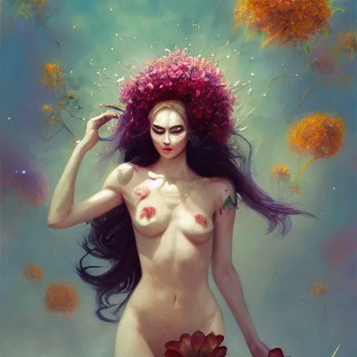 Prompt: A photorealistic rendering, full face and body portrait, long shot, pose, of a beautiful vamp goddess, swarming in flowers, magical. floating in a misty daze of the cosmos, flash bang, digital art by Pete Mohrbacher and Greg Rutkowski, Deviantart, Hemera, painting, photoshop, digitalart, digitalpainting, fantasy, goddess, light, photoshop, photoshoppainting