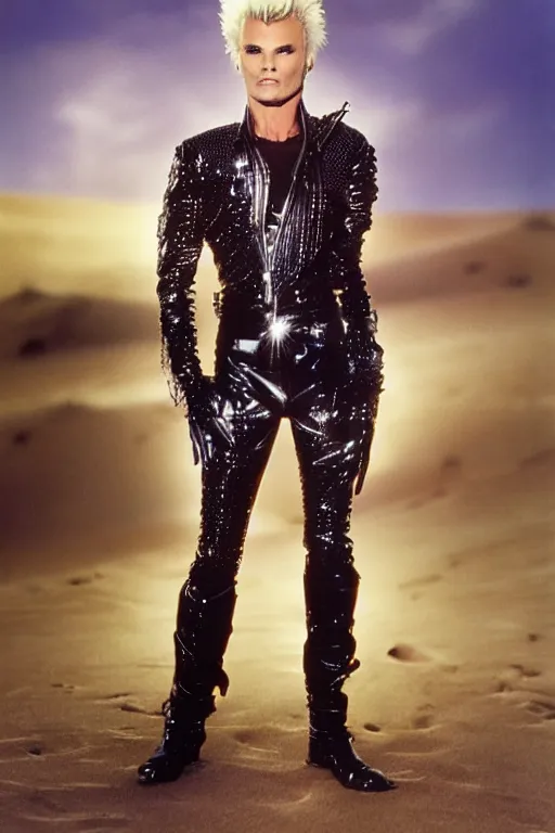 Image similar to portrait billy idol dressed in 1 9 8 1 space fantasy fashion, avante garde, shiny metal, standing in a desert