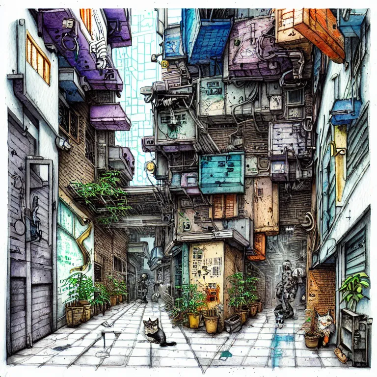 Image similar to an absurdly-detailed cyberpunk alleyway watercolor-calligraphy-pen drawing. Cats and Robots and Potted-Plants.