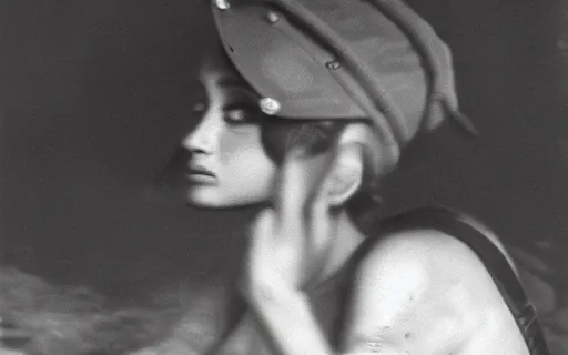 Prompt: photo of Ariana Grande in World War Two, photorealism, combat and adventure photography, by Robert Capa