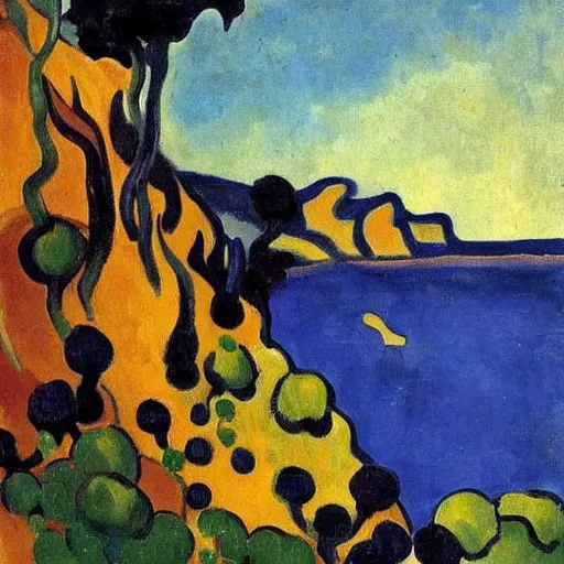 Prompt: painting of a lush natural scene on an alien planet by andre derain. beautiful landscape. weird vegetation. cliffs and water.
