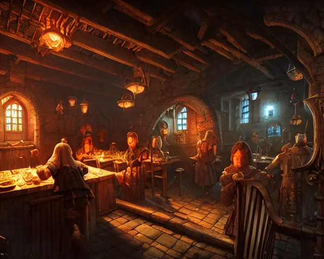 Image similar to a medieval tavern, beautiful, detailed, dark, concept art illustration, color page, tone mapping, akihiko yoshida, james jean, andrei riabovitchev, marc simonetti, digital illustration, greg rutowski, volumetric lighting, sunbeams, particles