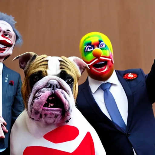 Prompt: a president with bulldog face and clown makeup taking a selfie in a podium next to an angry first minister