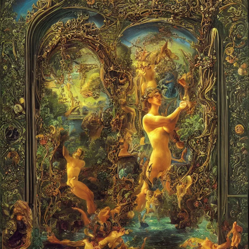 Image similar to the portal to mysterious adventure. decorated with foliage, faberge, and filigree. pulp sci - fi art for omni magazine. cosmic. baroque period, oil on canvas. renaissance masterpiece